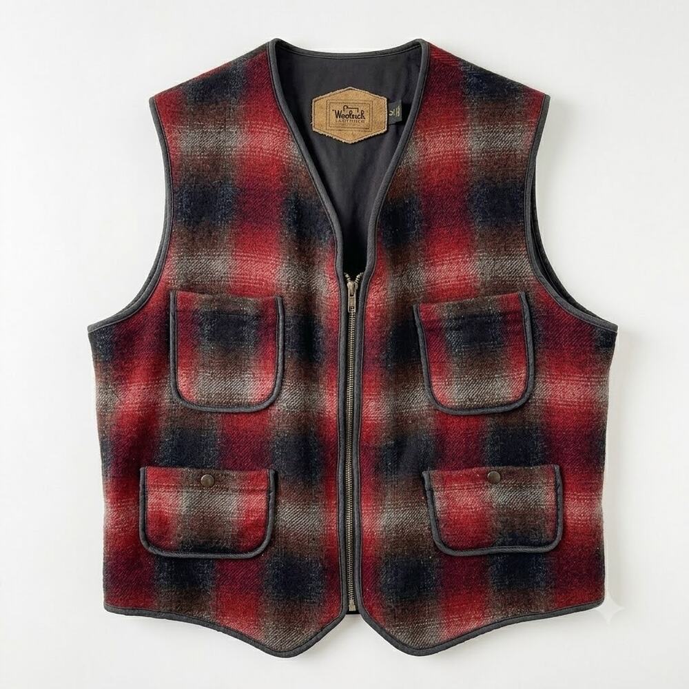 Woolrich Vintage Tweed Hunting Vest Jacket Plaid Full Zip USA Made Mens Large